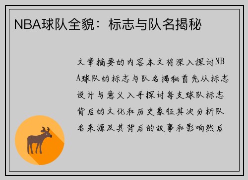 NBA球队全貌：标志与队名揭秘